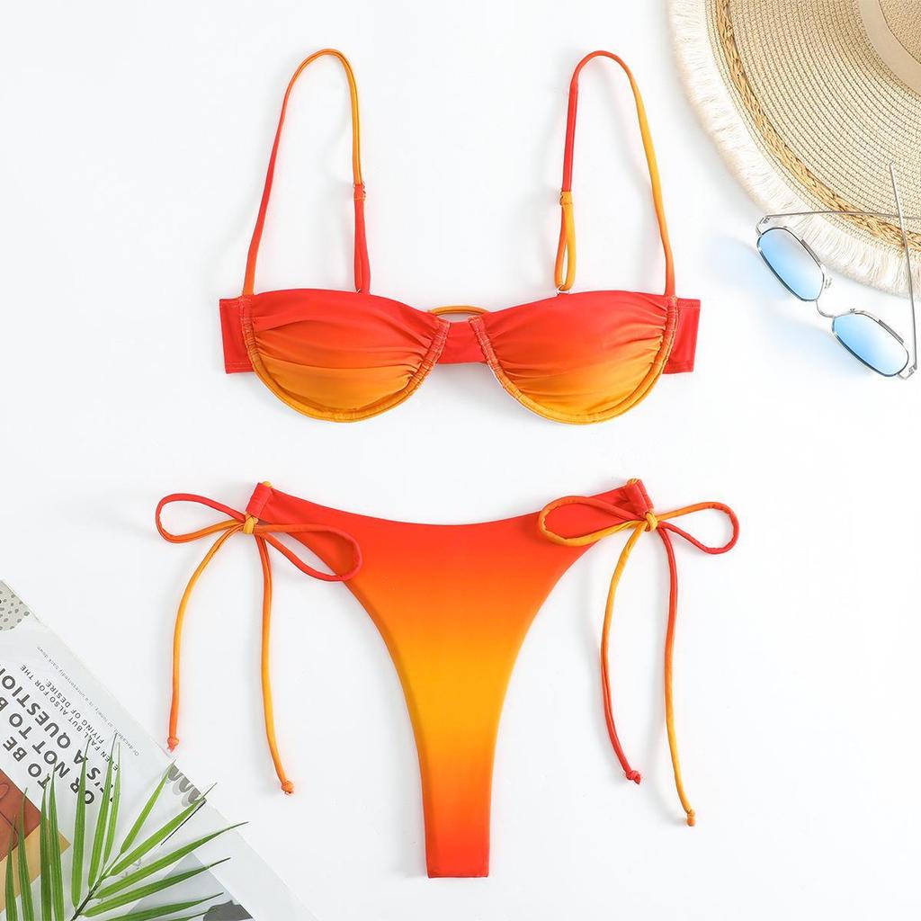 Europäischer & Amerikanischer Sexy Farbverlauf Blau Dreiteiliger Bikini mit Stahlbügel