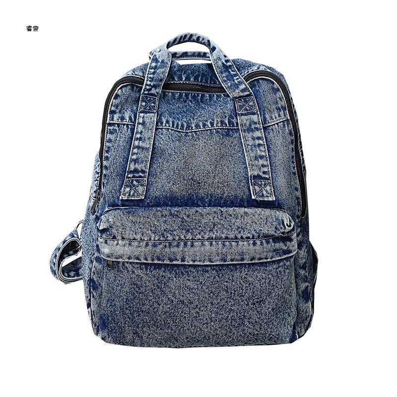 Denim Backpack Casual Style Durable Fabric Adjustable Straps Multiple Compartments Lightweight Design Suitable for Everyday Use One Size