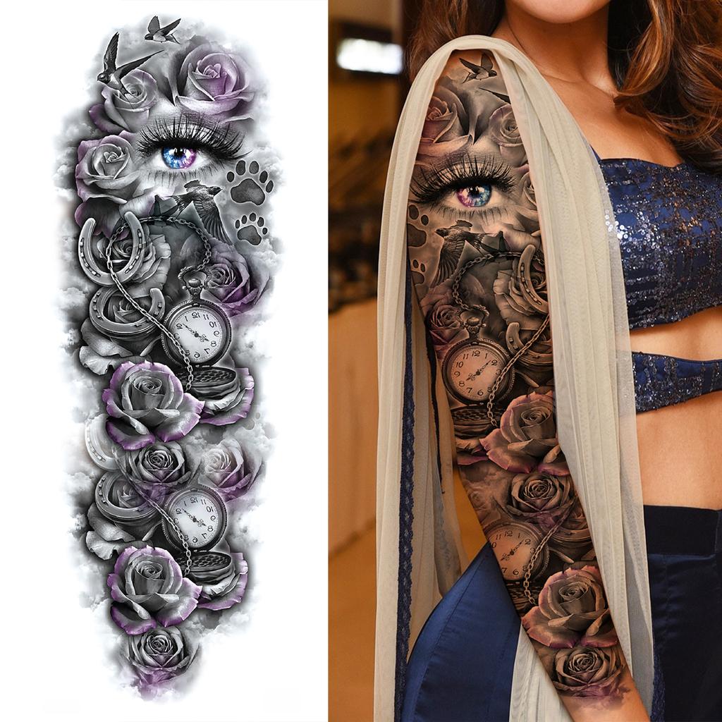 1 Sheet Long Sleeve Temporary Tattoos For Men Women Flower Skull Lion Wolf Tiger Nun Fox Compass Tattoo Sticker Body Art Arm Leg