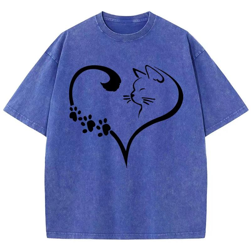Cute Cartoon Cat Heart Picture Print T Shirts Mans Chic Oversized T-Shirts Design Soft Tee Shirt Senior Breathable Clothes