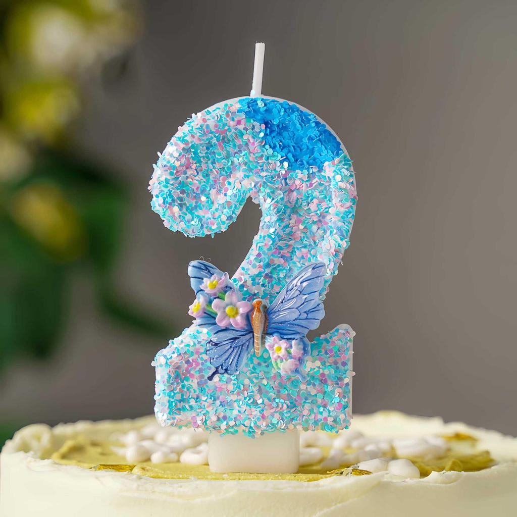 Blue Butterfly Love Flowers DIY Number Birthday Candles 0-9 - Cake Decoration