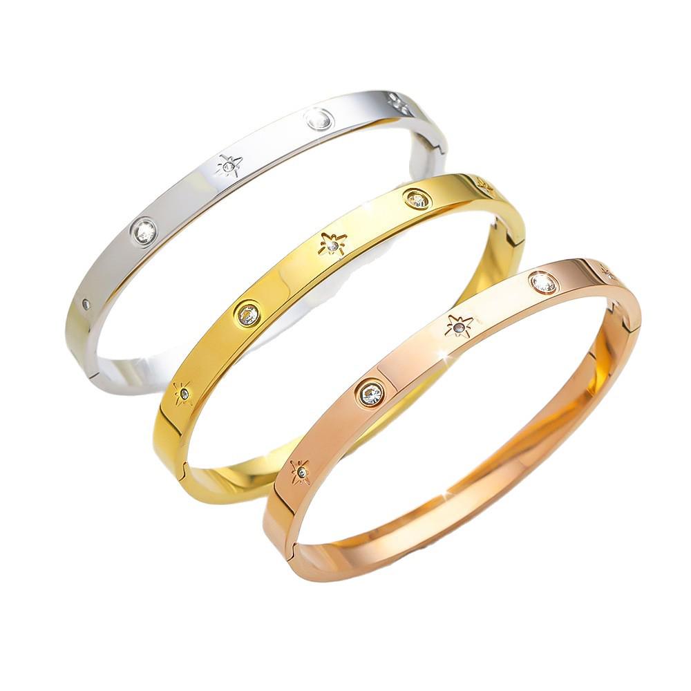 18K Gold Electroplated Stainless Steel Bracelet with Rhinestones and Eight-Pointed Star Design for Women