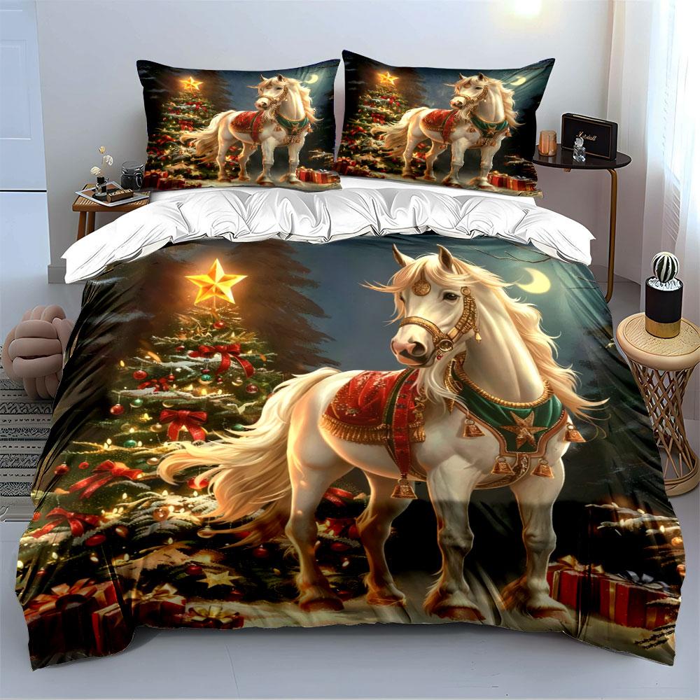Christmas Horse with Tree Scene Bedding Duvet Cover Set (1*Duvet Cover 2*Pillowcases, Without Duvet Insert)