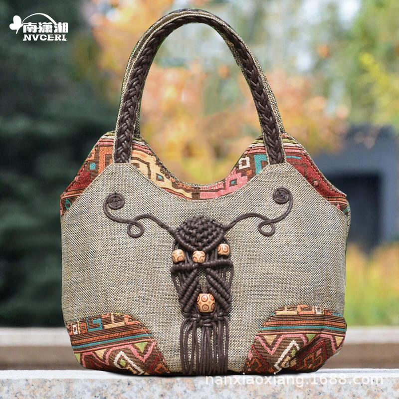 Vintage Leinen Handtasche für Damen Nationaler Stil Top-Handle Tasche Mittleren Alters Damen Schultertasche Kunst Tote Mutter Geldbörse 2025