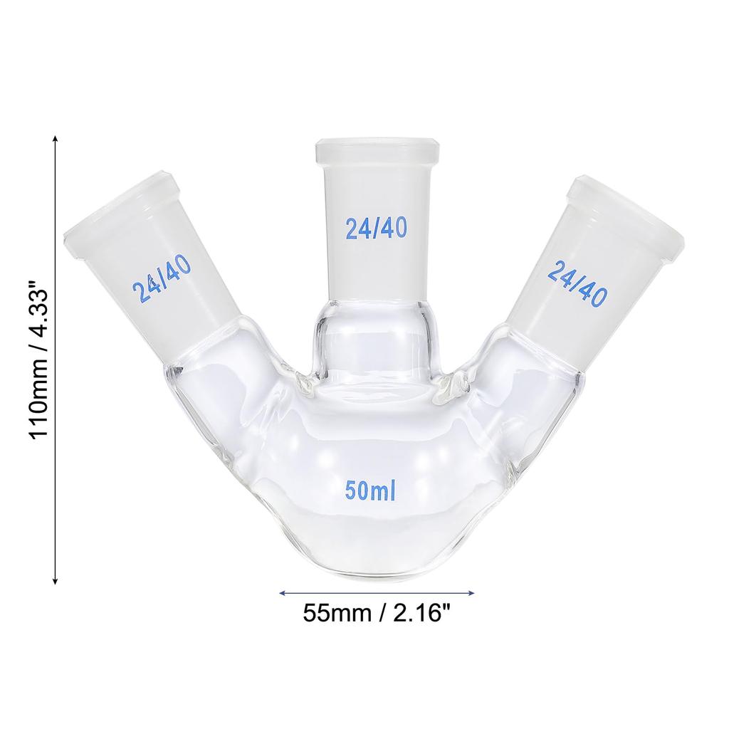 PATIKIL 50ml Boiling Flask, 3.3° Borosilicate Glass, 3-Neck, Round-Bottom, Thick-Walled, 24/40 Standard, Tapered Outer Joint, for Laboratory Use, Tran