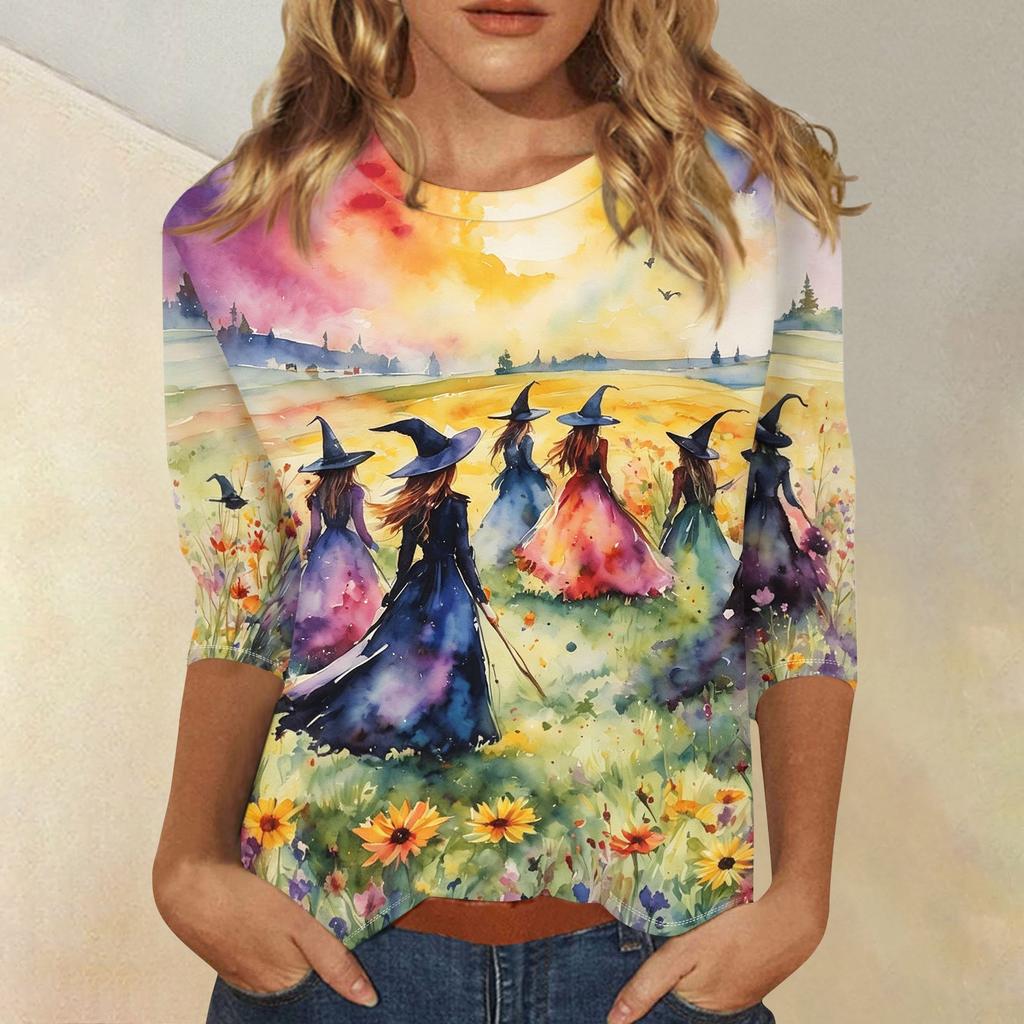 Women's Fashion Casual 3/4 Sleeve Halloween Print Neck Blouse