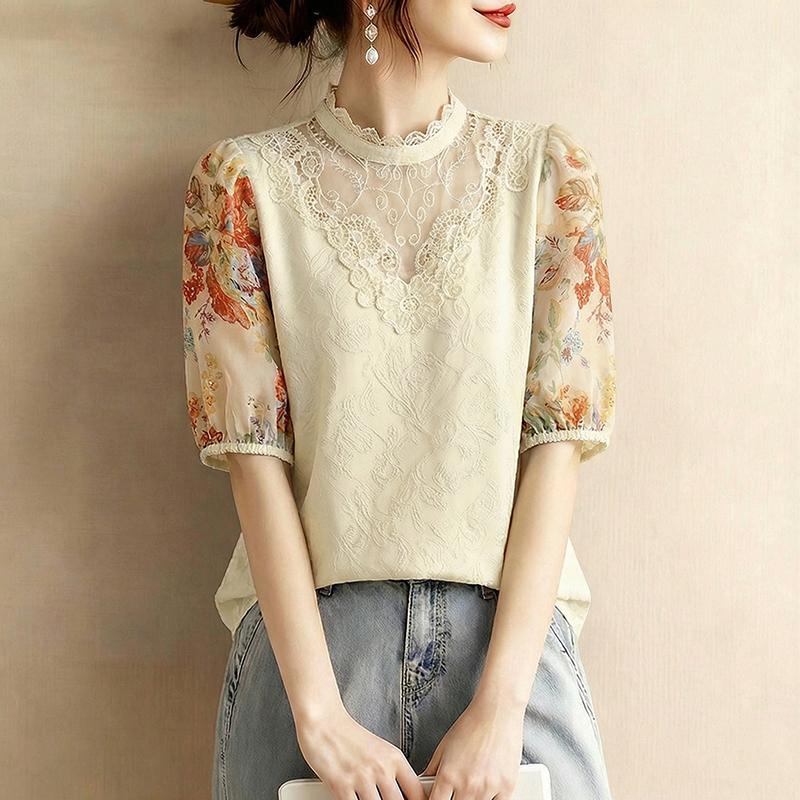 ZANZEA Women Casual Round Neck Print Splice Half Sleeve Lace Blouse