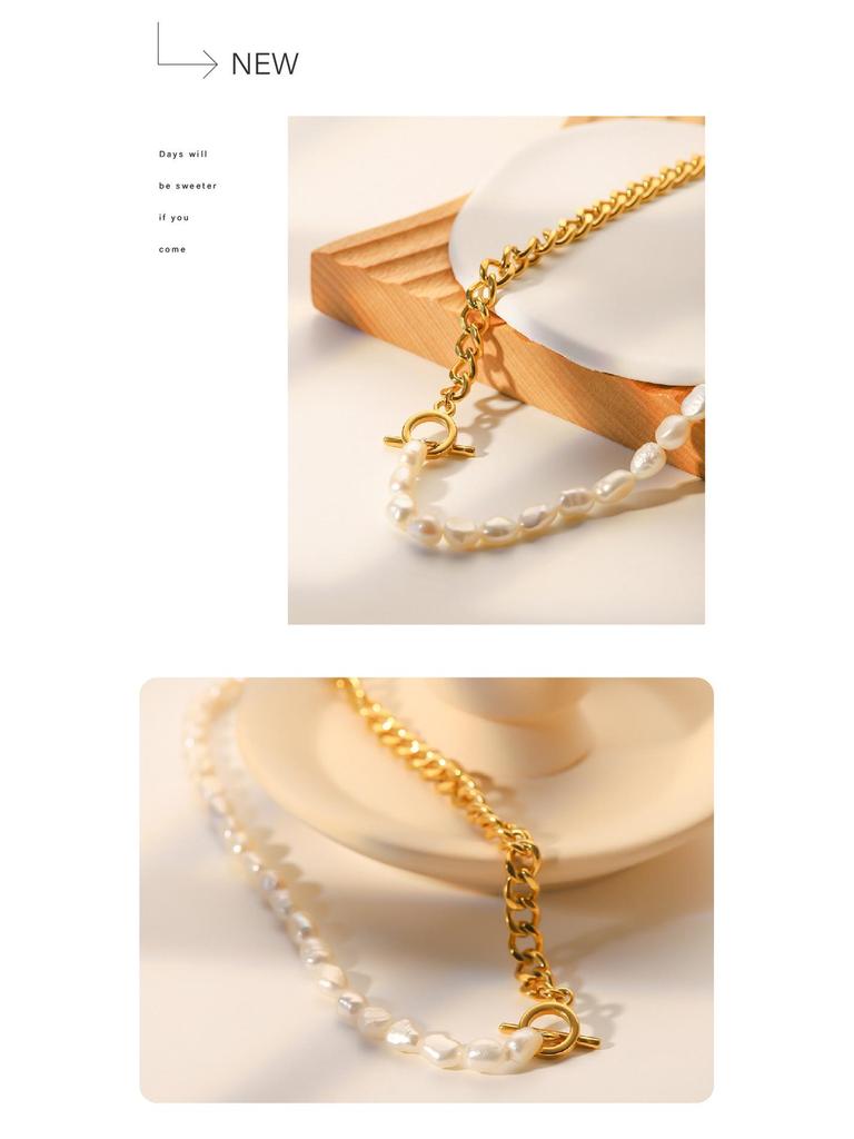 French Retro Pearl & Titanium Steel Baroque OT Buckle Necklace – Women's Light Luxury Jewelry