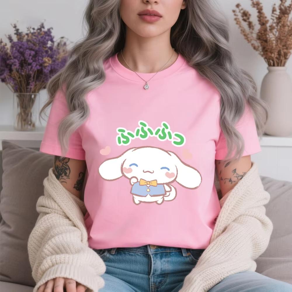 2026 Summer Cinnamoroll Satisfied Puff Print Cotton T Shirt Casual Comfortable Short Sleeve Soft Tee for Women Girls Summer S