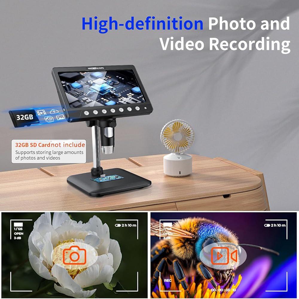 7" LCD Coin Microscope 50X-1200X Magnifier 5MP HD Digital Microscope 8 LED Lights Electronics Repair Soldring PC View Device