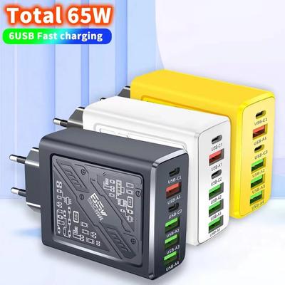 Gesamt 65W 6 in 1 4 USB 2 Typ C 3.1A Laden Schnell-Wandladegerät für iPhone Samsung Xiaomi Oppo Handy-Adapter
