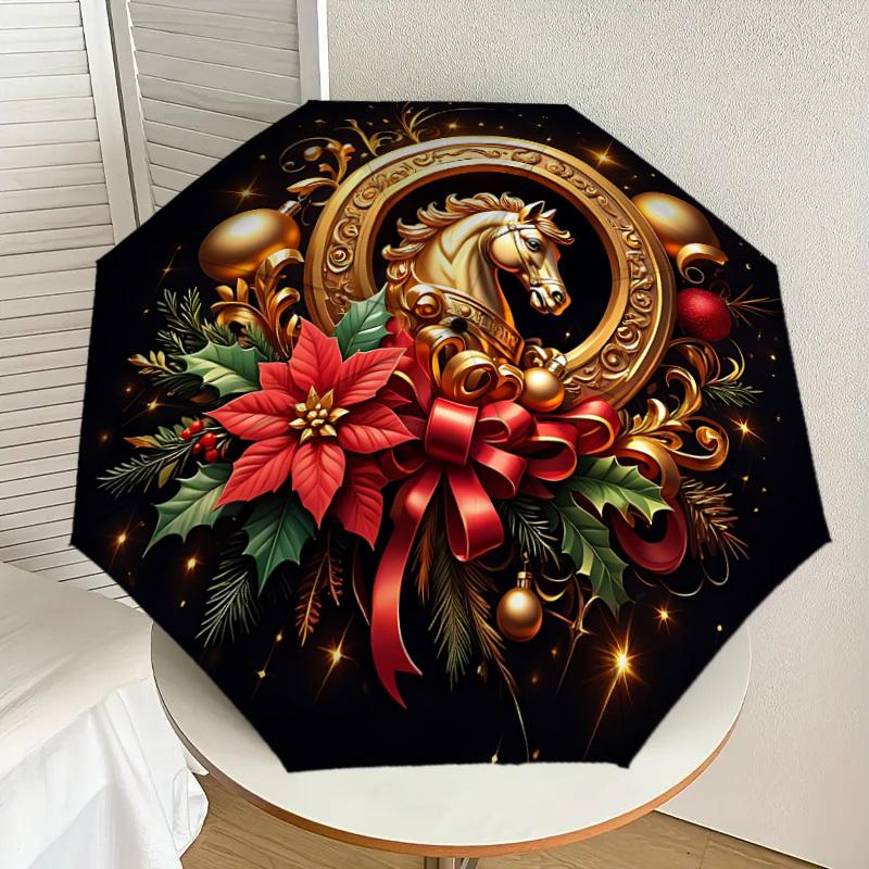 1pc Golden Horse Decoration Fashionable Automatic Opening/Closing Folding Umbrella with 8 Iron Bones, Plastic Handle yy251015067