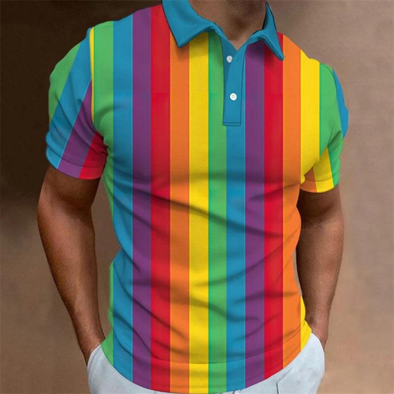 Full Print Fashion Polo Shirt For Men Summer Short Sleeve Button Collar Colorful Stripe Pattern Shirt New In Men's Tennis Tshirt