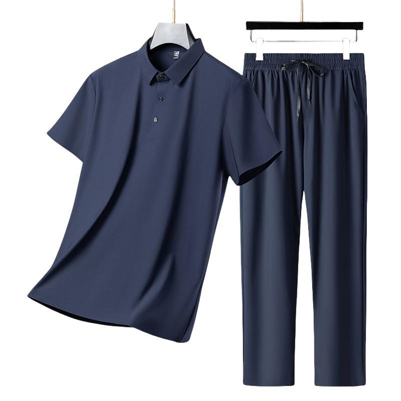 Men's Ice Silk Seamless Short-Sleeve Sports Suit - Summer Thin Two-Piece Set for Middle-Aged Dads (2025)