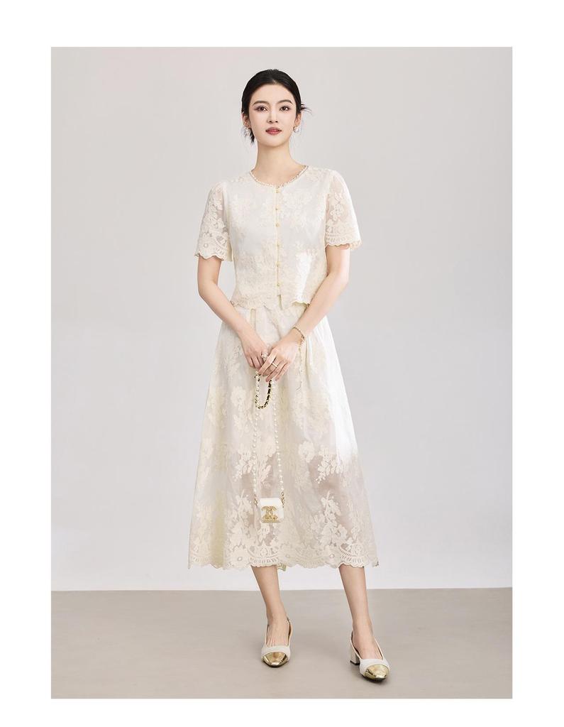Tencel Cotton Short-Sleeved Embroidery Top + French Romantic Skirt Suit.