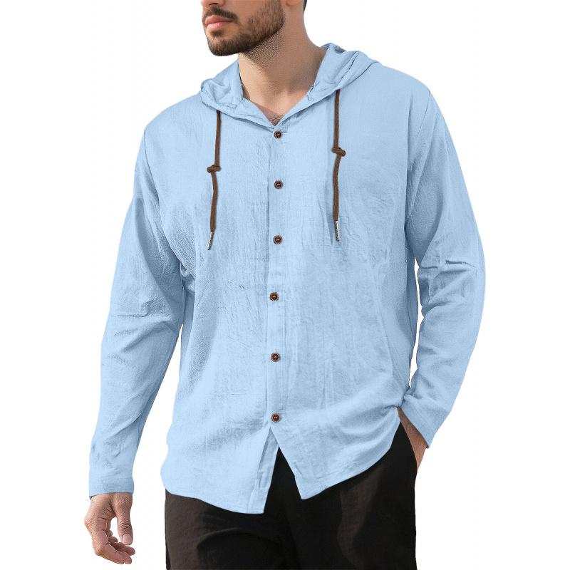 

Men S Hooded Drawstring Cotton Shirt Solid Color Loose Fit Long Sleeve Casual Shirt Beach Jacket EUR 3XL світло-синій колір