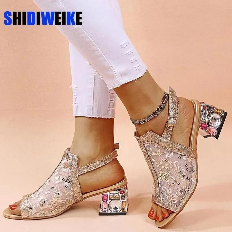 Zapatos de Mujer 2025 Rebajas Sandalias de Mujer Sandalias de Vestir Modernas Mujer Correa con Hebilla Malla Brillante Tacón Cuadrado Zapatos con Punta Abierta Mujer