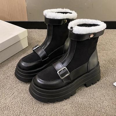 Mode Mode Retro Leder Plateau Stiefeletten für Damen Winter Samt Warm Damen Baumwollschuhe Schnalle Designer Schneestiefel Weiblich