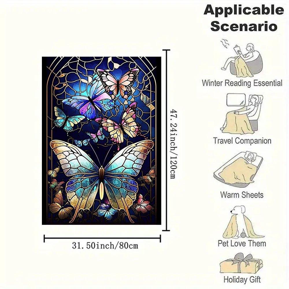"Stained Glass Butterfly Window Art Decor"Blanket Flannel Throw Blanket for Sofa, Bed, Travel, Camping, Office, Couch, Chair, And Bed Gift f