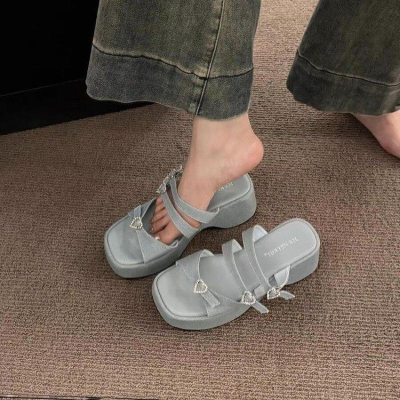 Silver Platform High Heeled Slipper Fashion Bow Party Open Toe Casual Sandals Summer Comfortable Non-Slip Beach Mule Shoe Female