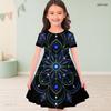 Girls Round Neck Short Sleeve A Line Dress Pastel Rainbow Glitter Printed Flared Hem