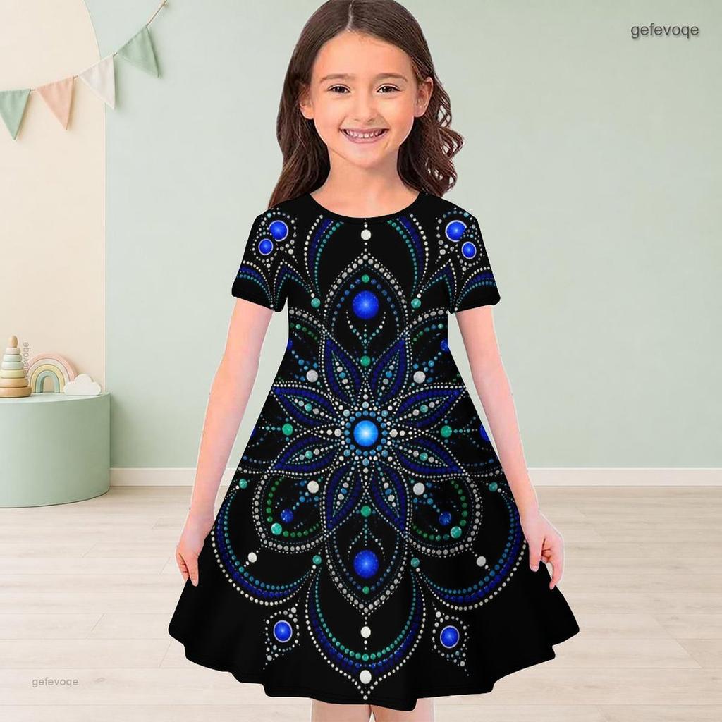 Girls Round Neck Short Sleeve A Line Dress Pastel Rainbow Glitter Printed Flared Hem