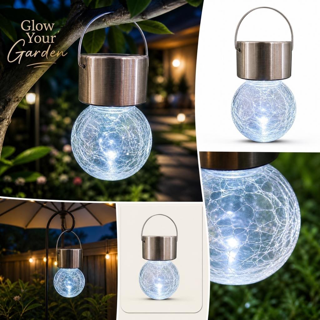 Outdoor Solar Powered Crackle Glass Hanging Ball Light Waterproof Garden Landscape Lighting for Yard Pathway Patio Decor
