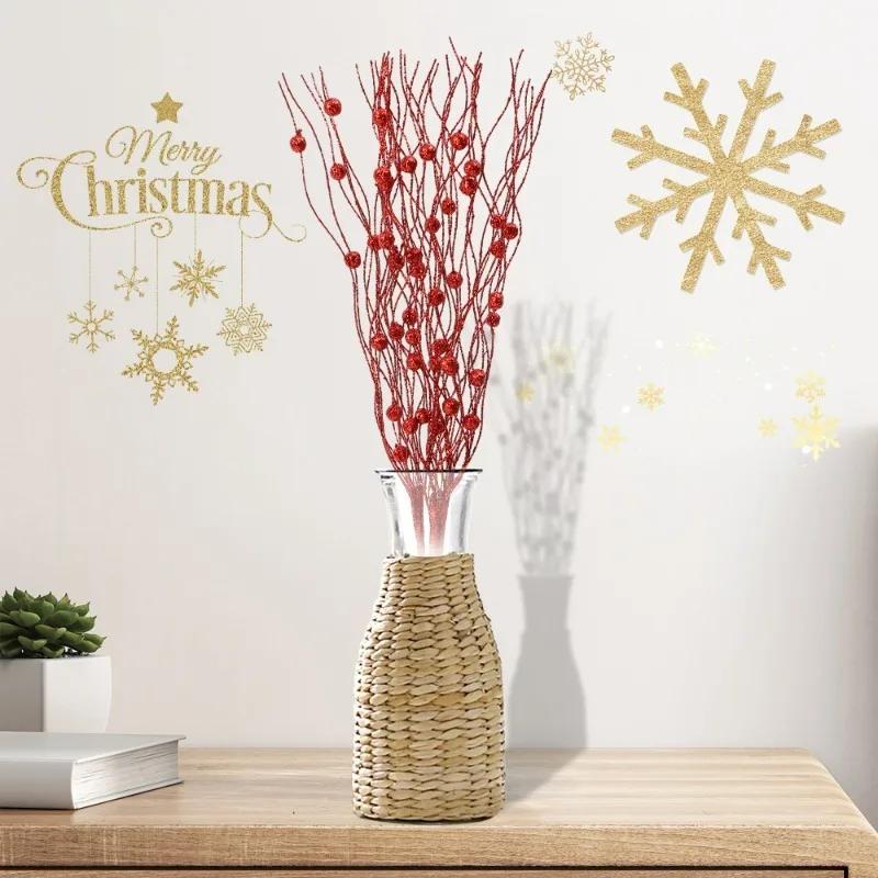 Artificial Glitter Berry Stems Red Gold Silver Powder Berry Branches Xmas Tree Wreath Decoration Party New Year Table Ornament