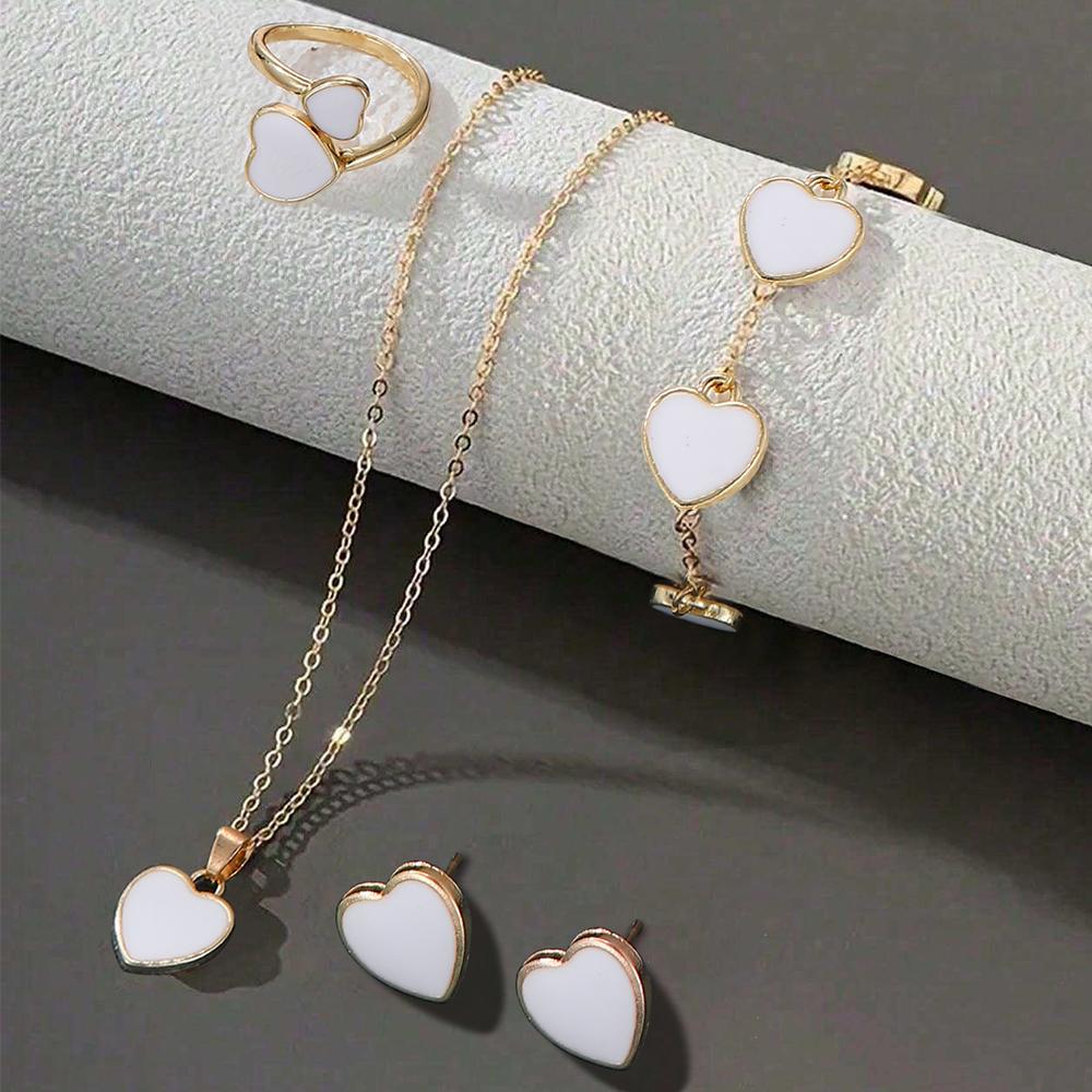 

5 шт. Женский цирконовый набор Модный и элегантный ожерелье в форме сердца, браслет, кольцо, серьги Цирконовый набор, подходит для повседневного сочетания белый