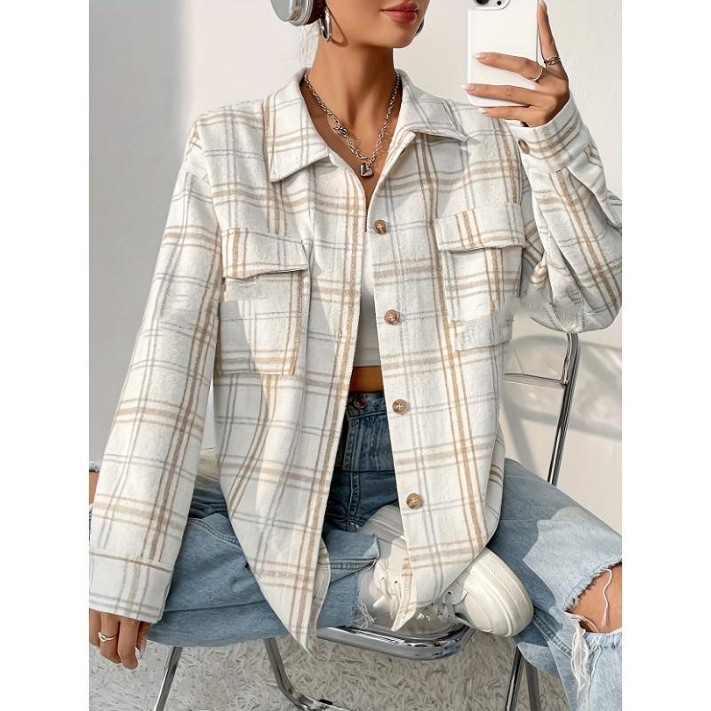 Women's Spring and Autumn Casual Mid-Length Plaid Loose Cardigan Lapel Tops
