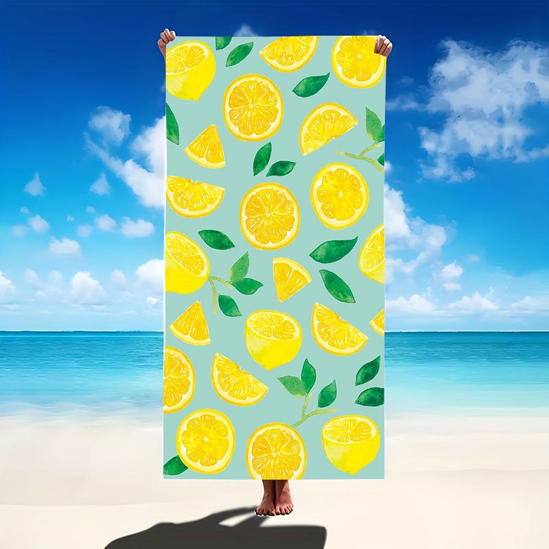 Lemon Slice Leaf Illustration Beach Towel Light Blue Background Citrus Fruit Theme Large Soft Microfiber Bath Blanket
