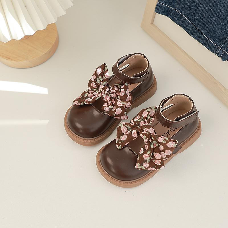 Little Girls Leather Shoes Hand-Painted Bow French Style Fashion Kids Round-toe Versatile Soft 2024 Children Loafers Elegant PU