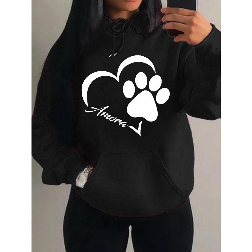 Love And Little Cat Foot Creative Print Women Hoody Fashion Autumn Sweatshirt Pocket Hoodie Sport Style Comfortable