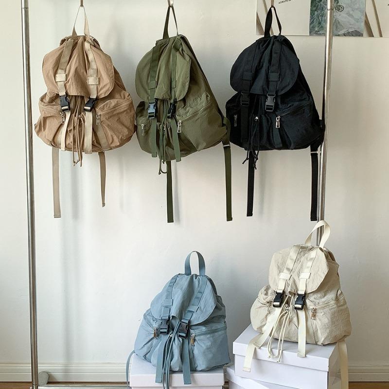 Flip Pull Rope Pleated Backpack Simple Female College Student Schoolbag Casual Buckle Large Capacity Backpack