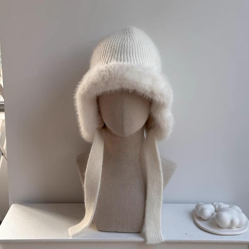 Rabbit plush knitted ear protection hat parent child winter cycling hat plus velvet windproof and cold resistant warm woolen hat cold hat winter