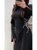 Women's 2025 Long Sleeve Round Neck Dress with Tie Waist, European Style Bell Sleeves, Fitted Waist for Autumn.