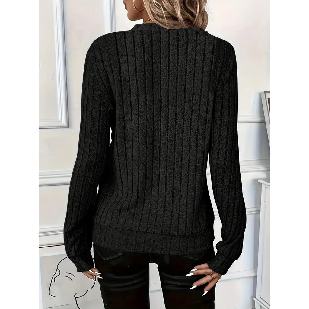 Høst og Vinter Dame Strikket Ribbestrikket Ensfarget Stoff Glidelås Langermet Dame T-skjorte