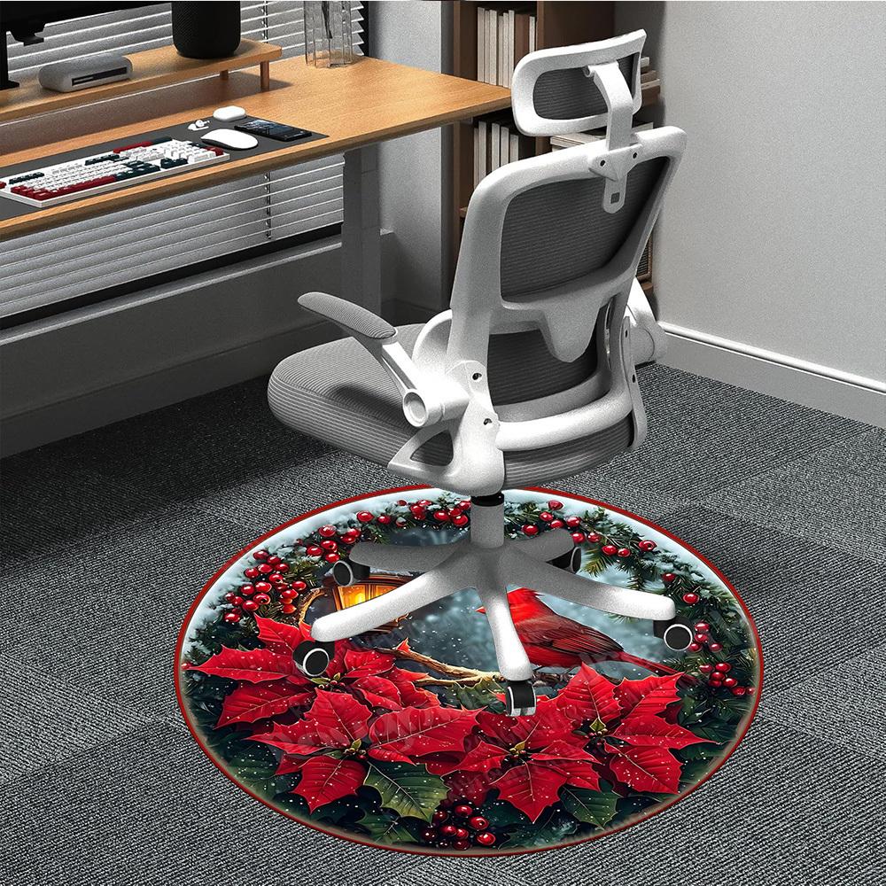 1pc Christmas Cardinal Poinsettia Chair Carpet for Office, Round Non Slip Durable Large Size Office Carpet, Suitable for Office