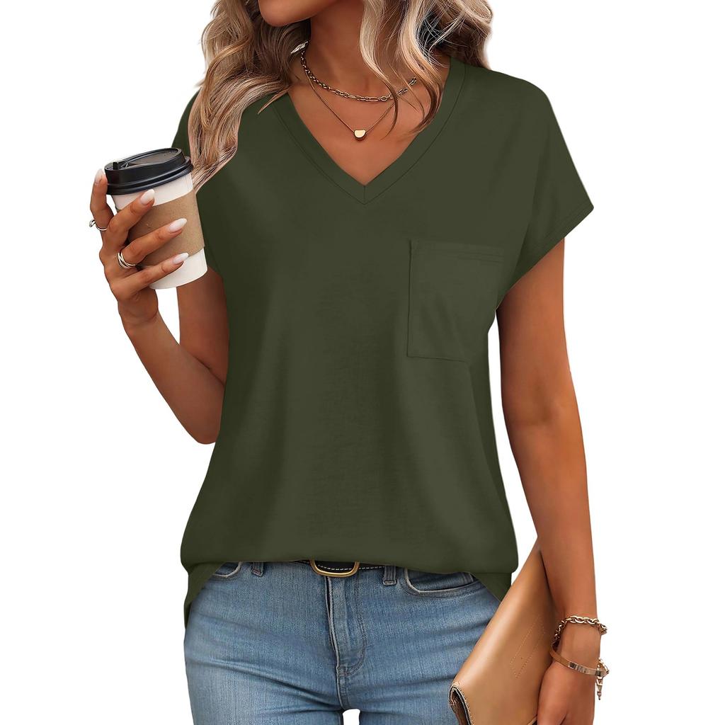 Women's Fashion Casual Slim Fit Waist Cap Sleeve V Neck T-Shirt Top