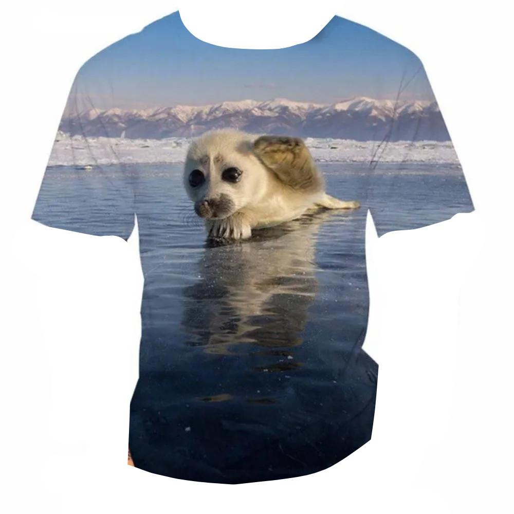 3D Seal Marine Animal Print Kids Crew Neck Short Sleeve Tee Loose Fit Outdoor Play Daily Leisure Outfit