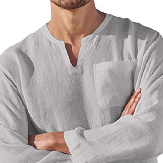 Spring Autumn Men Shirt Solid Color Loose Pocket Top Beach Shirt for Daily Wear
