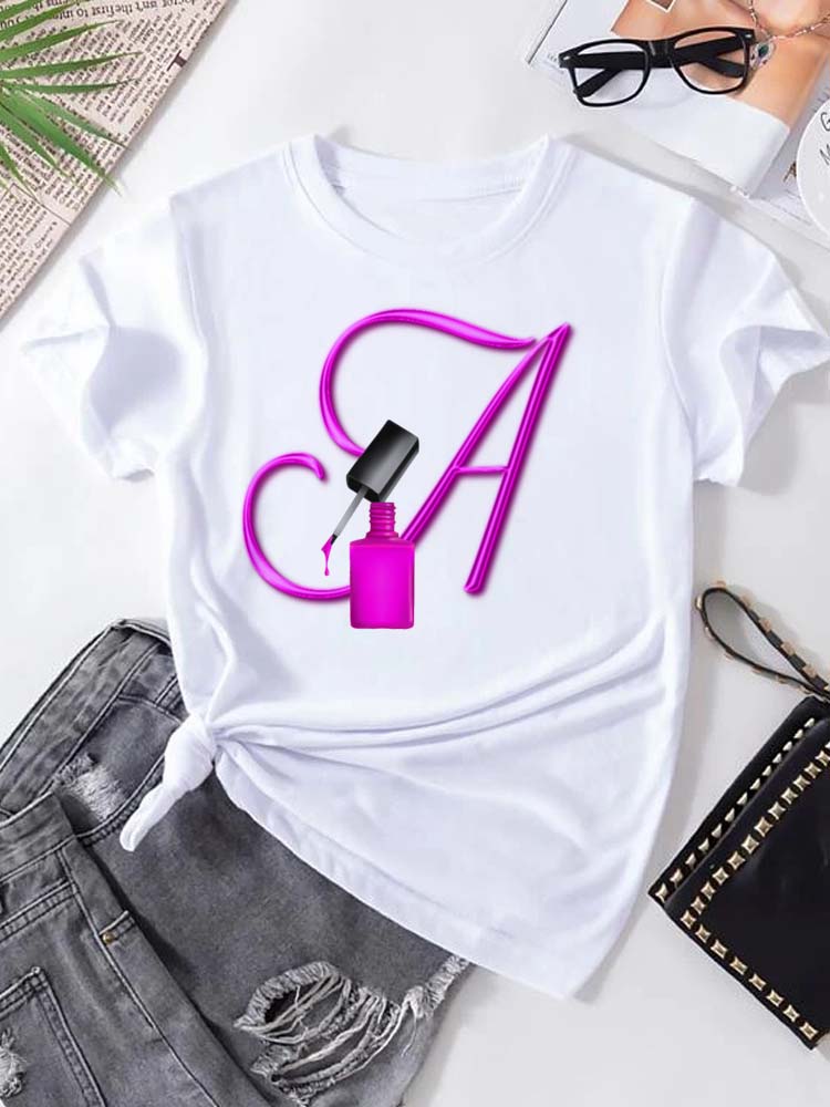 Maycaur Custom Name Letter Combination Fashion Women T-shirt Nail Polish Letter Font A B C D E F G Short Sleeve Tops Female Tees