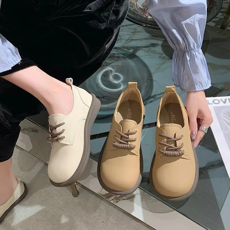 Shoes for Women Little Leather Camel Single Japanese Style Elegant Dress Spring Cheap Liquidation Luxury Brand Chic Woman Flats