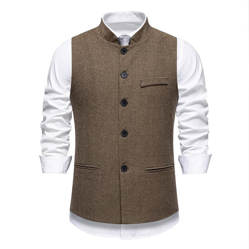 Autumn British Style Retro Vest For Men Fashion Stand Collar Herringbone Coarse Tweed Suit Vest Waistcoat Vintage Gentleman