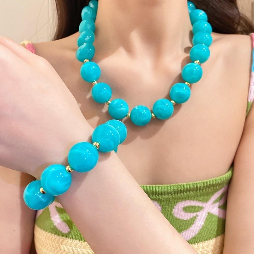 Round Beaded Resin Choker Necklace Multi-color Elastic Neck Chain  for Women