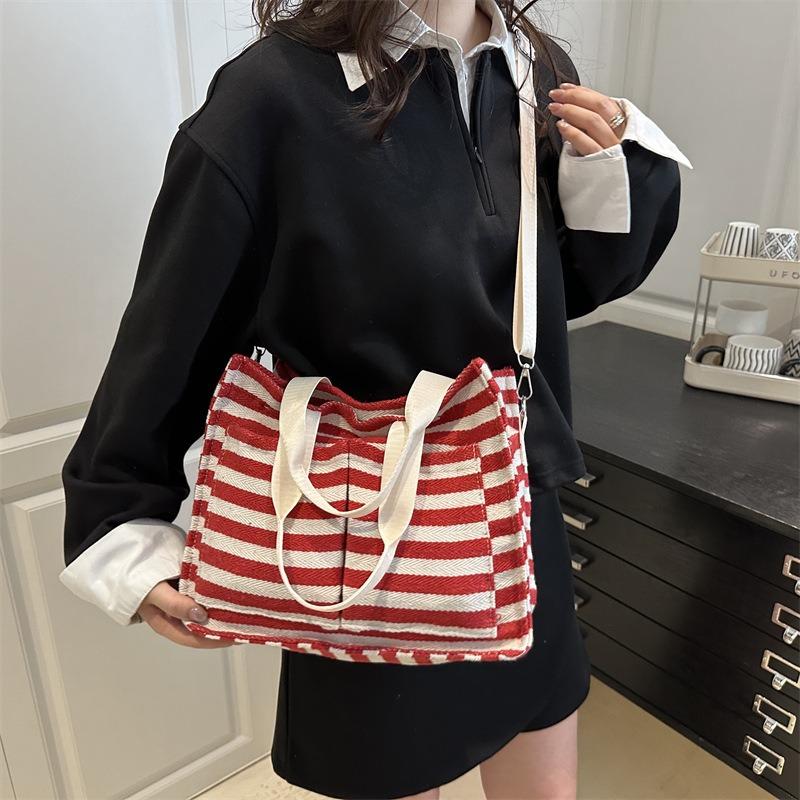 Literary Contrasting Color Canvas Bag Spring and Summer New Tote Bag Large Capacity Shoulder Underarm Striped Beach Bag
