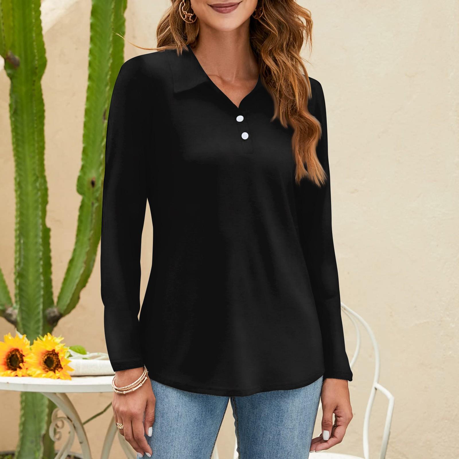 

Женская мода однотонная рубашка с воротником на пуговицах и V-образным вырезом, длинным рукавом, свободная рубашка L чёрный