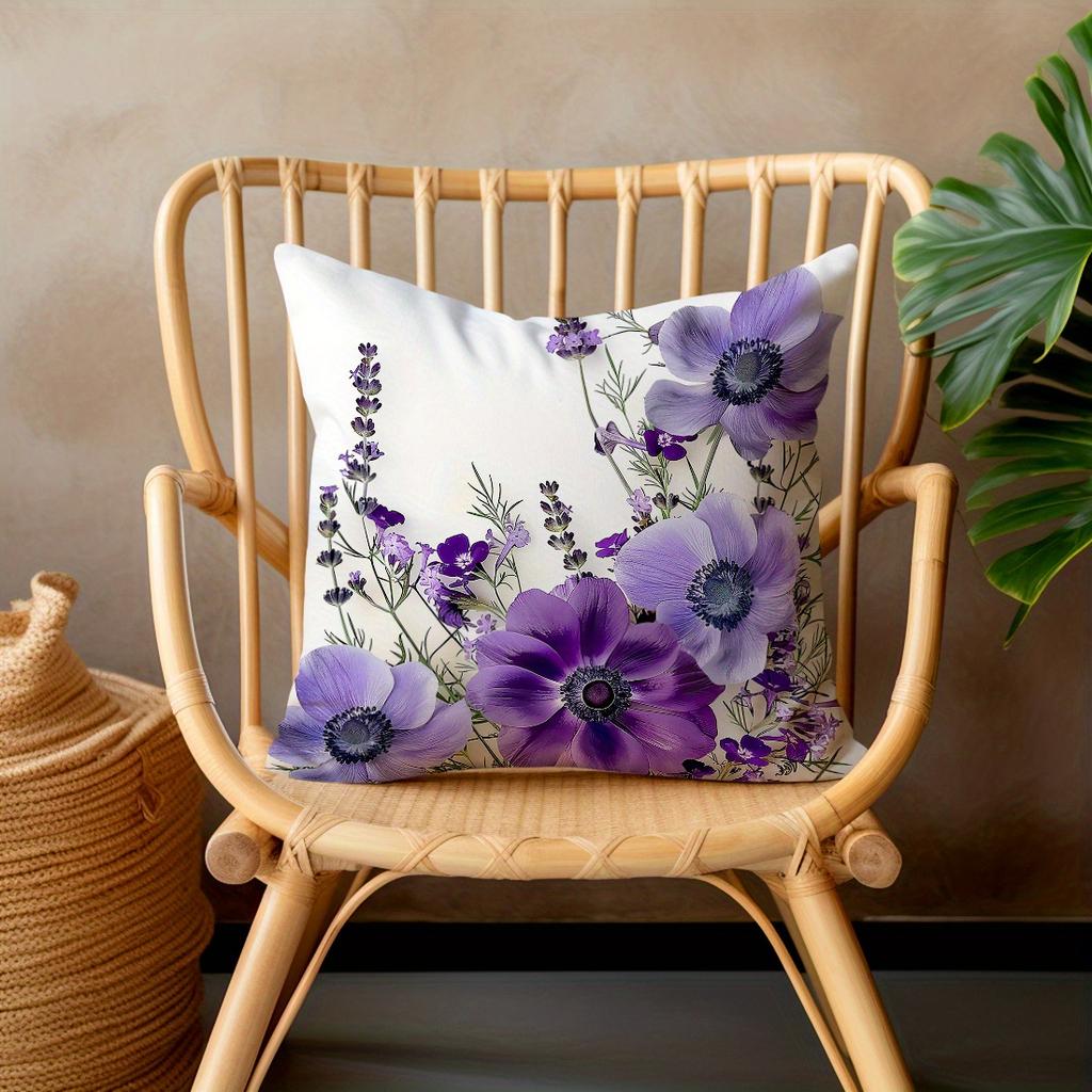 Purple Anemone Lavender Pillow Cover Vintage Botanical Floral Print Boho Wildflower Cushion Case For Sofa Bed Couch Home Decor