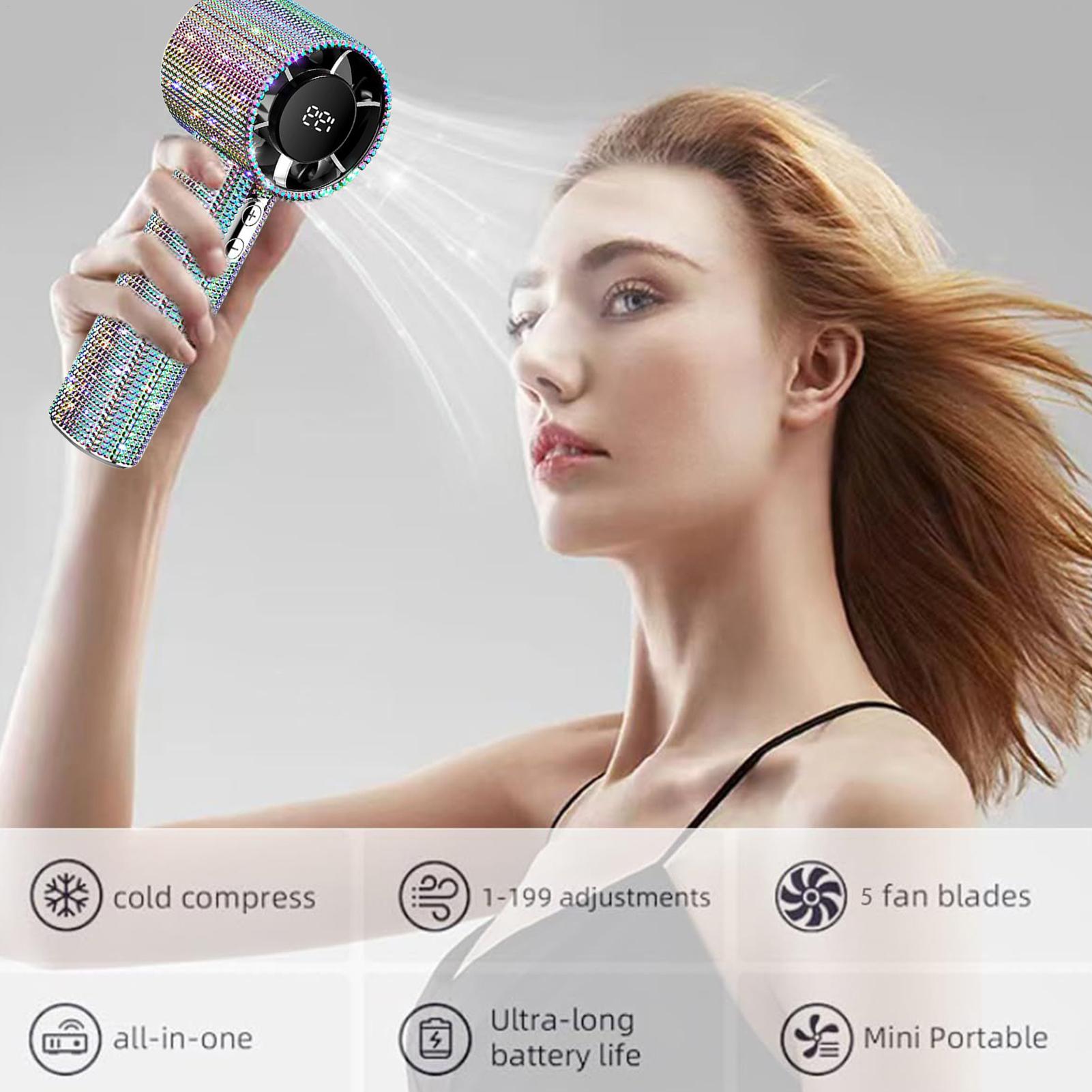 

Ручной веер со стразами, портативный ручной веер, охлаждающий, тихий циркулятор воздуха, светодиодный дисплей, перезаряжаемый, для детей, школы, пикника, кемпинга CHINA