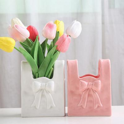 Ceramic Vase with Bow Knot Accent Pink White Bow/Handbag/Bouquet Flower Vase for Living Room Dining Shelf Table Desktop Decor